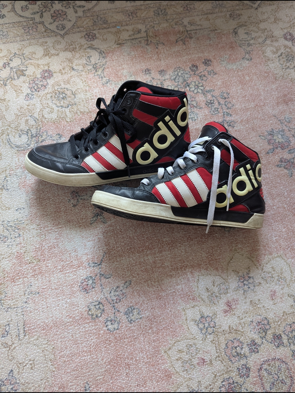 adidas Mens High-Top Sneakers in Black, Red, and White